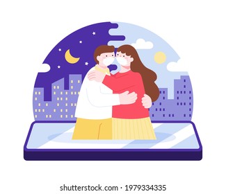 Young couple hugging each other in smart phone with city background. Concept of long distance relationship during covid pandemic.