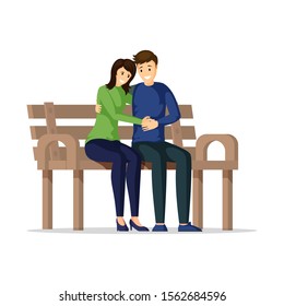 Young couple hugging flat vector illustration. Happy girlfriend and boyfriend sitting on bench and cuddling cartoon characters. Man and woman spend time together, lovers on romantic date