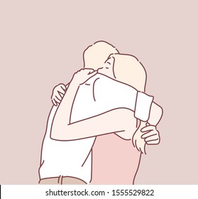 Young couple hugging. Hand drawn style vector design illustrations.