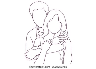 young couple hugging hand drawn style vector illustration