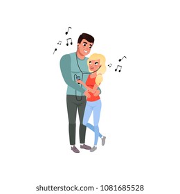 Young couple hugging and listening to music together with earphones vector Illustration on a white background