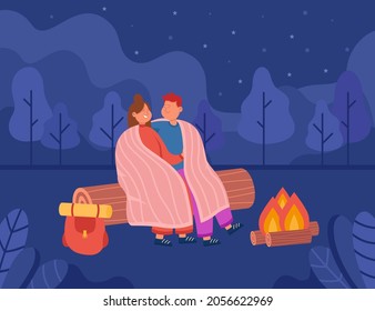 Young couple hugging and looking at night sky in forest. Girl and her boyfriend having romantic outdoor overnight staying on cliff. Flat vector illustration. Travelling, romantic scene, nature concept
