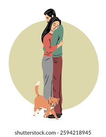 Young couple hugging. Man and girl are touched in their feelings. Cat purrs at their feet. Happy family and love. Forgiveness, farewell and goodbye. Flat vector art illustration