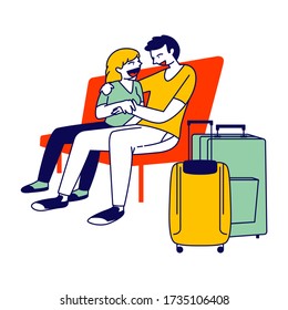 Young Couple Hugging on Bench with Luggage Bags Stand nearby in Airport Waiting Area, Flight Delay, People Waiting for Airplane Boarding, Traveling Passengers Characters. Linear Vector Illustration