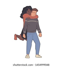 Young couple hugging in romantic style and spending time together.