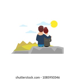 Young couple hugging sitting on stone and looking on beautiful nature landscape. People on vacation. Back view. Flat vector design