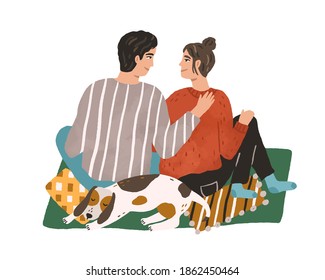 Young couple hugging   sitting carpet  Happy man   woman spending winter leisure time together and pet at home  Hand drawn flat vector illustration isolated white background