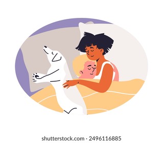 Pareja joven abrazando y durmiendo en la cama con mascota. Tiempo de descanso y relajación junto con el perro. Ilustración plana de Vector en marco ovalado. Dibujos animados multinacional mujer y hombre enamorado