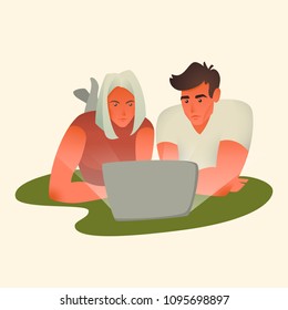 Young Couple Hunting For A Starter Home. Young Family Looking New Homes For Sale In Internet. House Hunting. Young Couple Looking For A House To Move. Young Woman And Man With Laptop. 