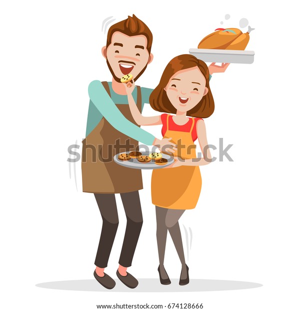 夫婦の若い夫婦はエプロンを着る 女性がクッキーを作ったり 男性がお菓子を食べたり 一緒に料理を作ったりしている 白い背景に ベクターイラストかわいい漫画スタイル のベクター画像素材 ロイヤリティフリー 674128666