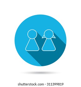 Young couple icon. Male and female sign. Blue flat circle button with shadow. Vector