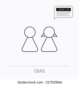 Young couple icon. Male and female sign. Linear outline icon. Speech bubble of dotted line. Vector