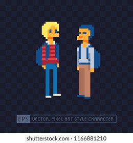 Young couple international students cheerful girls with backpacks in school pixel art characters. Happy student isolated vector illustration. 8-bit. Design for app, game developers and motion graphic.