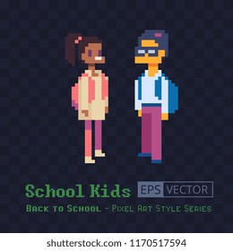 Young couple international students, cheerful boy and girl with backpack  pixel art characters. Happy school kids isolated vector illustration. Design for app, game developers and motion graphic.