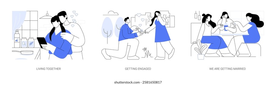 Young couple isolated cartoon vector illustrations set. Happy man and woman enjoying living together, getting engaged, marriage proposal, getting married, showing a ring to friends vector cartoon.