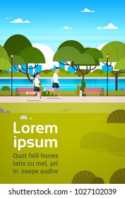 Young Couple Jogging Outdoors In Modern Public Park Banner With Copy Space Flat Vector Illustration
