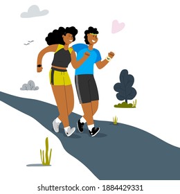 Una pareja joven trotando juntos en el parque al aire libre. Haciendo deportes juntos. Corriendo en el parque en verano. Ilustración plana vectorial. 