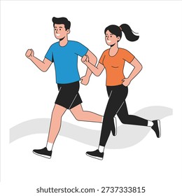 Young Couple Jogging Together Vector Illustration - Man and Woman Running for Fitness and Health