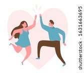 Young couple in a jump make a "high five" gesture. Respect and love for yourself and others. Against the background of the heart. Flat bright vector illustration, minimal style.