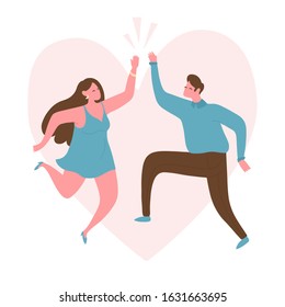 Young couple in a jump make a "high five" gesture. Respect and love for yourself and others. Against the background of the heart. Flat bright vector illustration, minimal style.