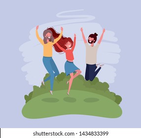young couple jumping celebrating in the park characters