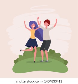 young couple jumping celebrating in the park characters