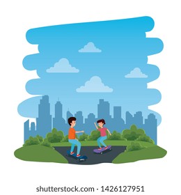 young couple kids in skateboard on the park with road