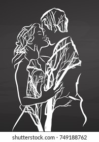 Young Couple Kiss. Drawing On Chalkboard. Handdrawn Vector Sketch, Clean Outlines, Vintage Style Blackboard.