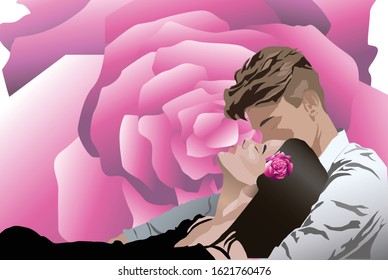 Young couple kissing each other while laying down. Rose flower on background