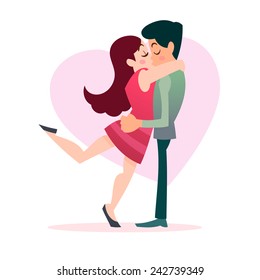 Young couple kissing in front of red heart vector illustration  for valentine's day 