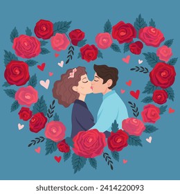 Una pareja joven besándose en la ilustración de un vector de marco en forma de corazón. Rosas y corazones rojos. Amor, romance, concepto de San Valentín