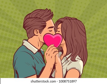 Young Couple Kissing Hollding Pink Heart Man And Woman In Love Over Comic Pop Art Style Valentine Day Celebration Concept Vector Illustration