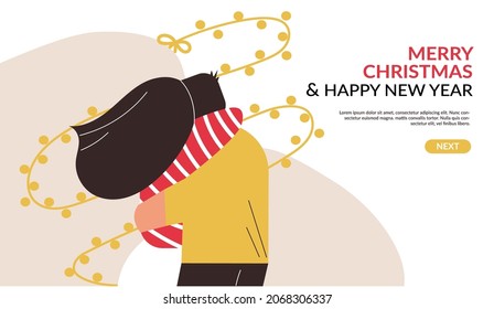 Young couple kissing and hugging on Christmas eve landing page template. Man and woman fall in love. New Year or Christmas celebration. Flat vector cartoon illustration for website header background