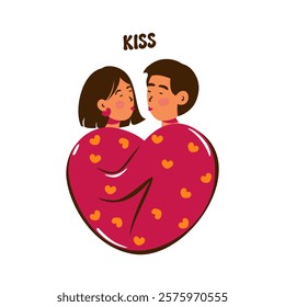 Young couple kissing. Man and woman hugging each other and kissing. Valentine's Day element. Vector illustration.