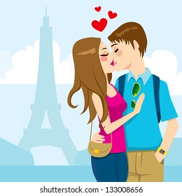 Young couple kissing passionately full of love with Eiffel Tower in the background in Paris