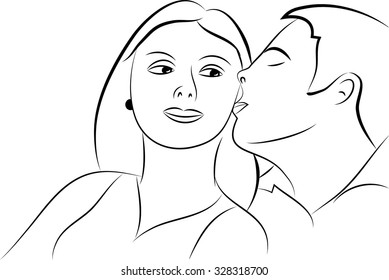 Young couple kissing, simple black and white illustration