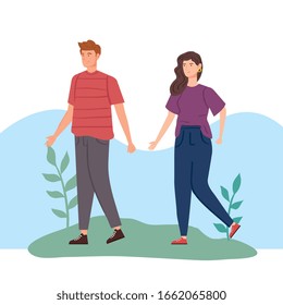 young couple in landscape nature vector illustration design