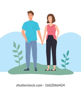 young couple in landscape nature vector illustration design
