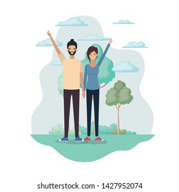 young couple in landscape with trees and plants