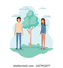 young couple in landscape with trees and plants