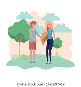 young couple in landscape with trees and plants