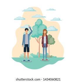 young couple in landscape with trees and plants