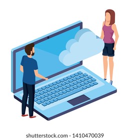 young couple with laptop and cloud computing
