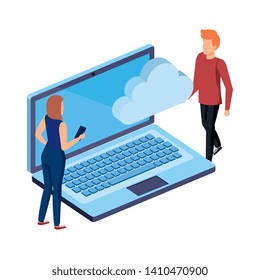 young couple with laptop and cloud computing