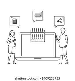 young couple with laptop and speech bubbles