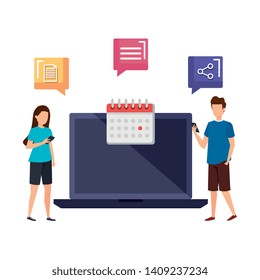 young couple with laptop and speech bubbles