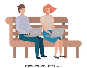 young couple with laptop in wooden chair