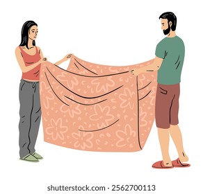 A young couple is laying out their linen and blanket. A man and woman do household chores together. Home life and lifestyle. Happy family and love. Flat vector art illustration