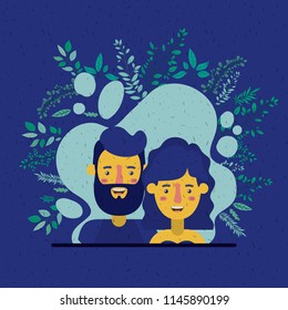 young couple with leafs decoration characters