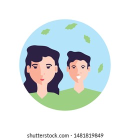 young couple with leafs in frame circular